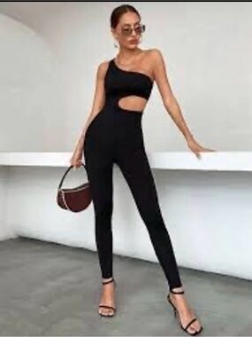 SHEIN Black One-Shoulder Cutout Jumpsuit
